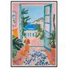 Puerta abierta con vista al mar y plantas en casa colorida, arte digital estilo impresionista.