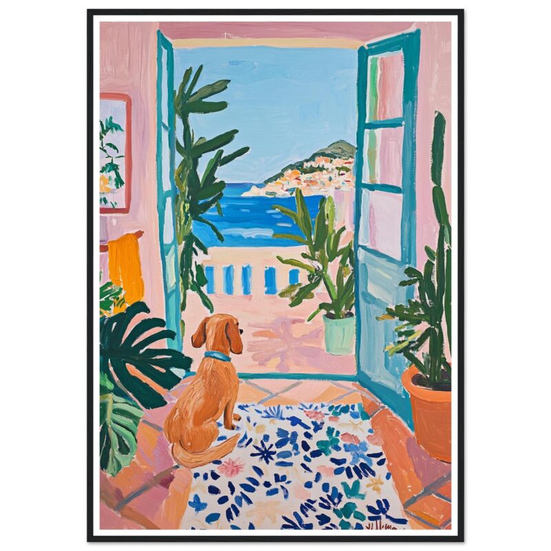 Puerta abierta con vista al mar y plantas en casa colorida, arte digital estilo impresionista.