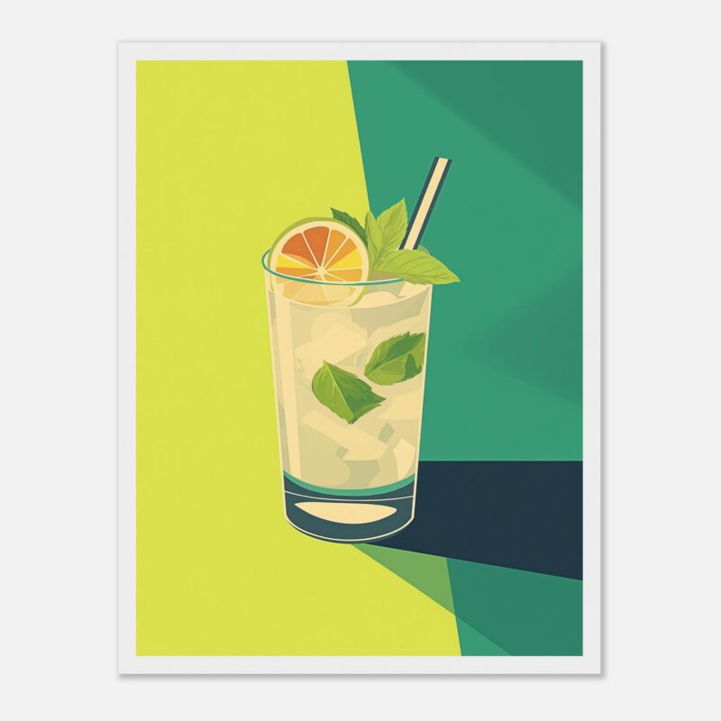 Refresco de limón con hierbabuena en vaso alto con pajilla.