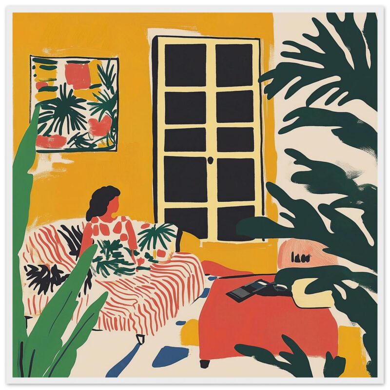 Dibujo de interior moderno con plantas y mujer descansando en sofá en estilo artístico digital.
