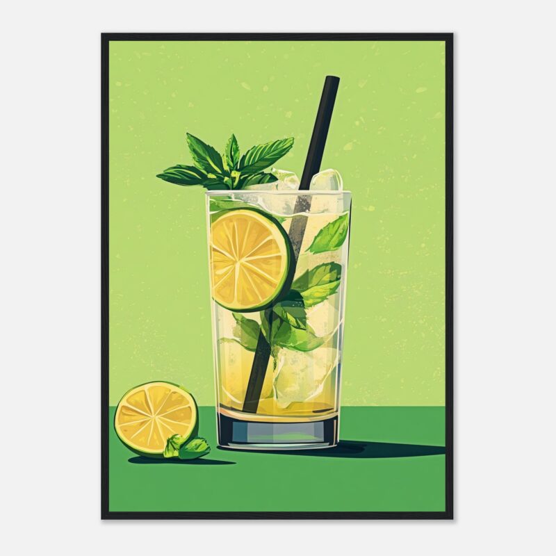 Refresco de limón y hierbas digitales, bebida refrescante con menta y limón en estilo ilustración moderna.