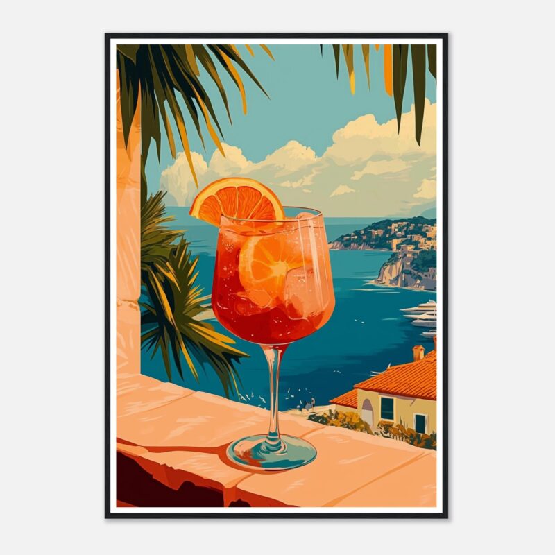 Refresco de naranja y limón en copa con vista al mar en la costa italiana.
