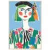 Retrato en estilo abstracto de mujer con cabello verde y accesorios florales.