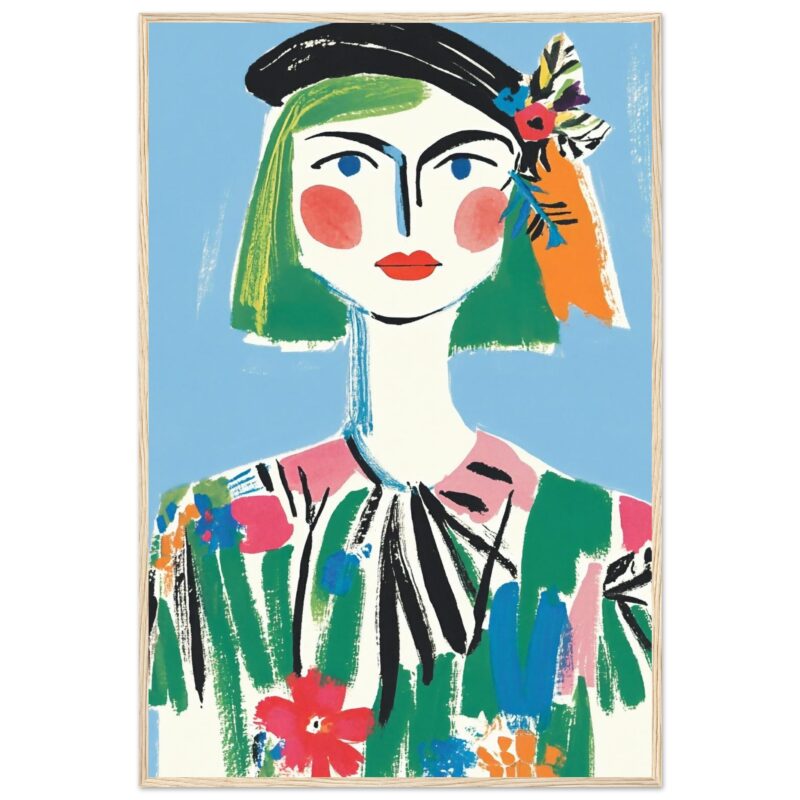 Retrato en estilo abstracto de mujer con cabello verde y accesorios florales.