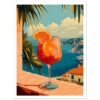 Refresco de verano con vista al mar en la costa de Amalfi, Italia, en estilo ilustración digital moderna.