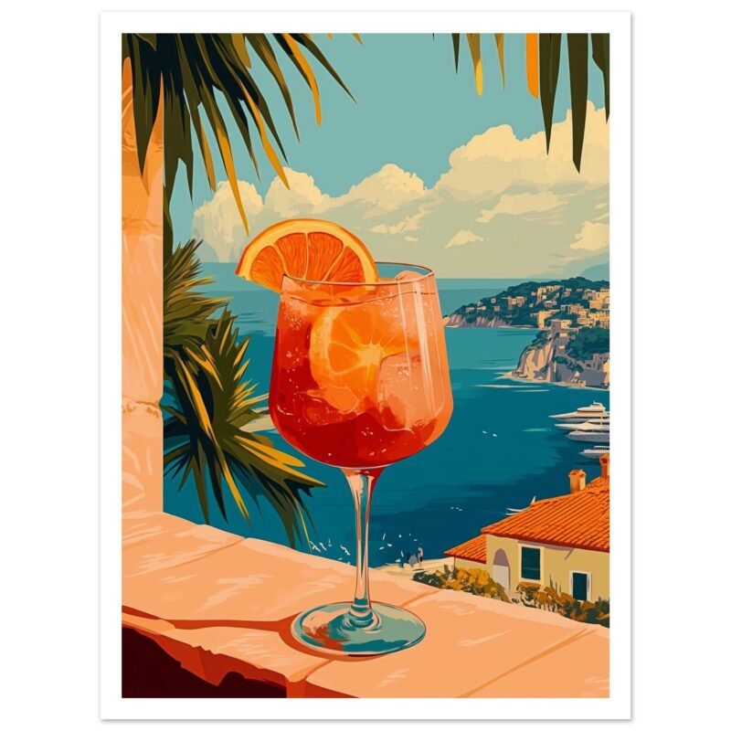 Refresco de verano con vista al mar en la costa de Amalfi, Italia, en estilo ilustración digital moderna.