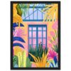 Puerta colorida con ventanas y plantas tropicales, estilo artístico vibrante y moderno.