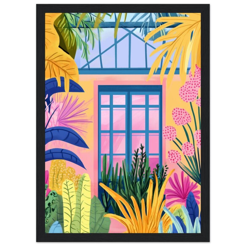 Puerta colorida con ventanas y plantas tropicales, estilo artístico vibrante y moderno.
