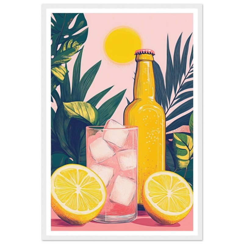 Refresco de limón con hielo, botella de soda y fondo tropical con hojas verdes, sol brillante y limón partido.