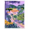 Lindo paisaje de campo con casas y naturaleza en tonos violetas y verdes. Estilo artístico colorido y vibrante, ideal para decoración y arte digital.