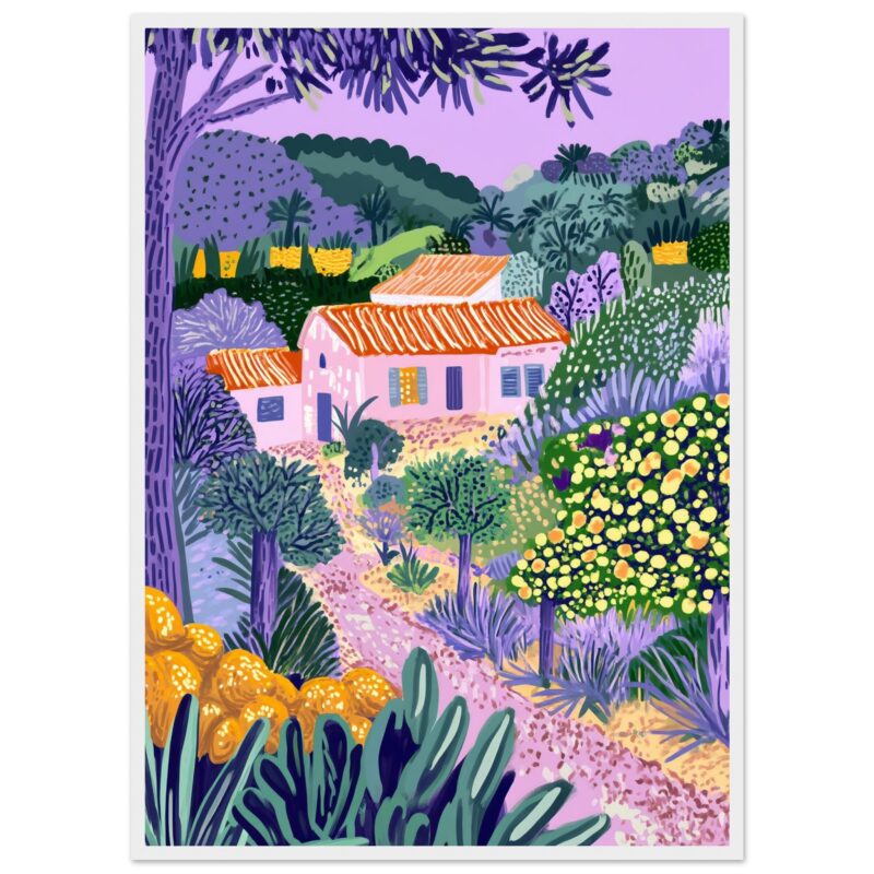 Lindo paisaje de campo con casas y naturaleza en tonos violetas y verdes. Estilo artístico colorido y vibrante, ideal para decoración y arte digital.