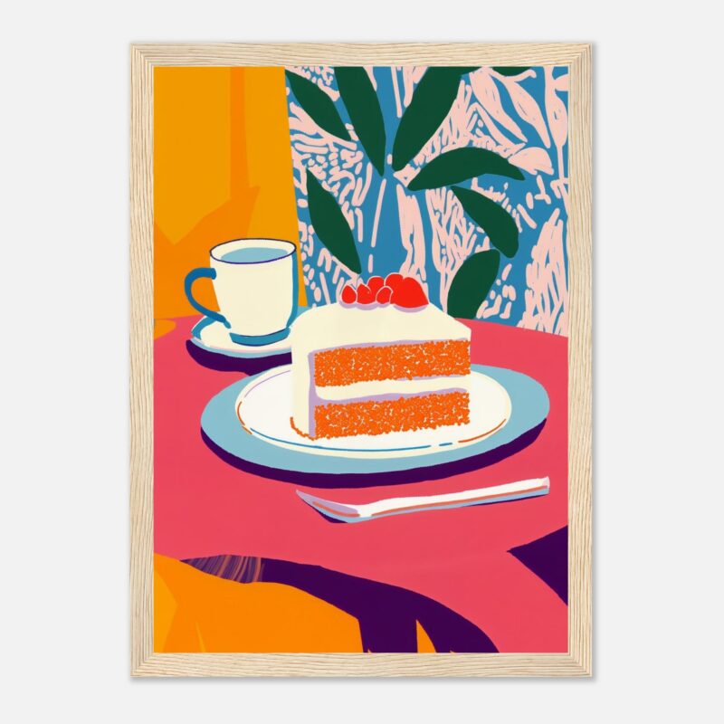 Tarta de zanahoria con crema y frutos rojos en plato, estilo artístico digital vibrante y colorido.