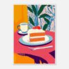 Bizcocho de zanahoria con crema y frutas rojas, taza de té, estilo artístico colorido, decoración moderna.