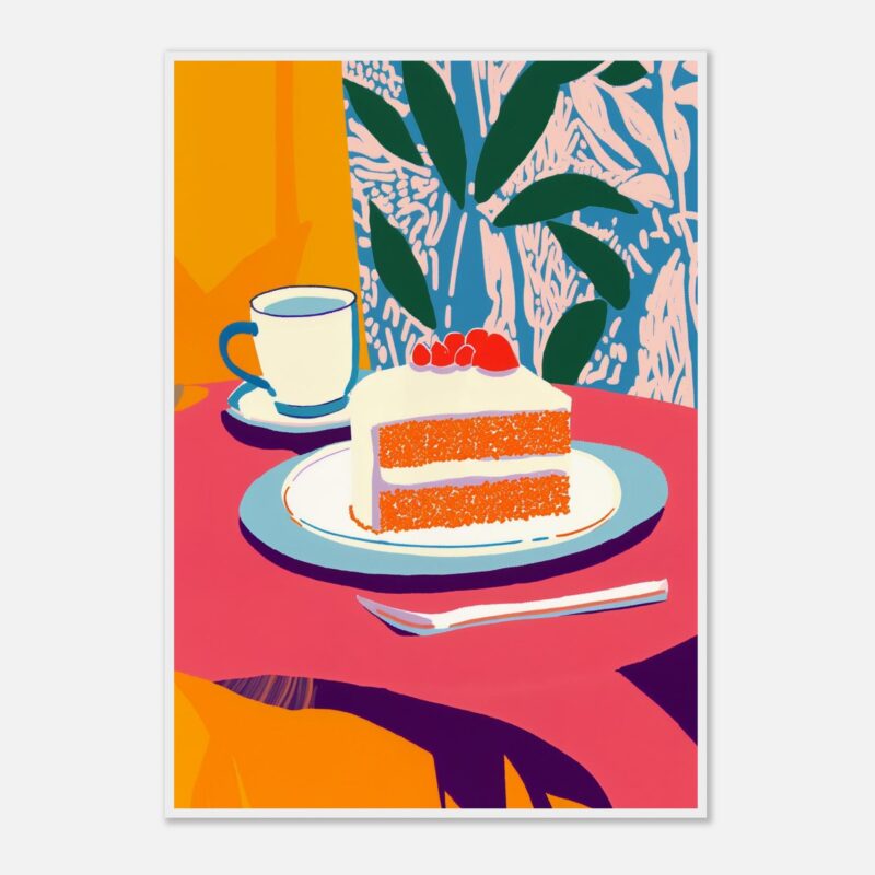 Bizcocho de zanahoria con crema y frutas rojas, taza de té, estilo artístico colorido, decoración moderna.