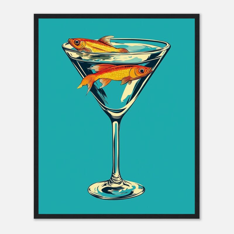 Pintura digital de peces en copa de cóctel, arte moderno, diseño creativo, ilustración colorida, decoración para espacios modernos.