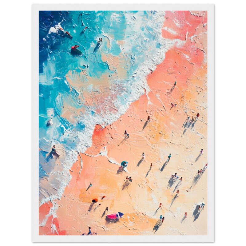 Técnica de pintura digital del paisaje de playa con olas y personas en la arena, estilo artístico vibrante y colorido.