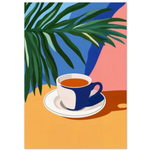Taza de café en estilo artístico con planta y fondo colorido.