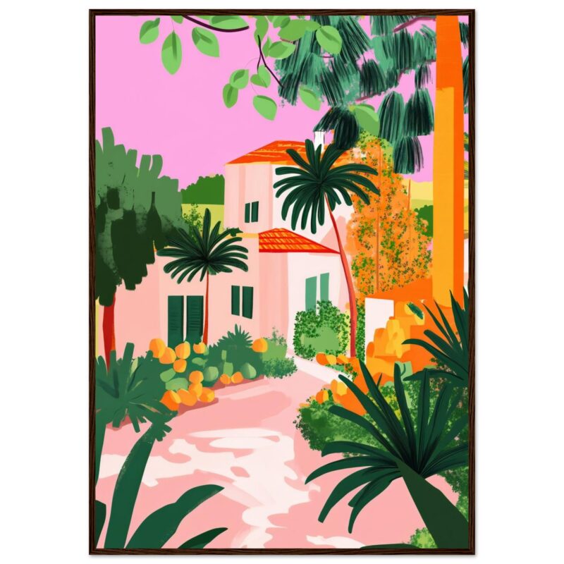 Árboles tropicales y vivienda en ilustración artística de estilo moderno.
