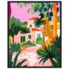 Paisaje pintado en estilo vibrante, con casas blancas, palmeras y vegetación colorida en tonos cálidos.