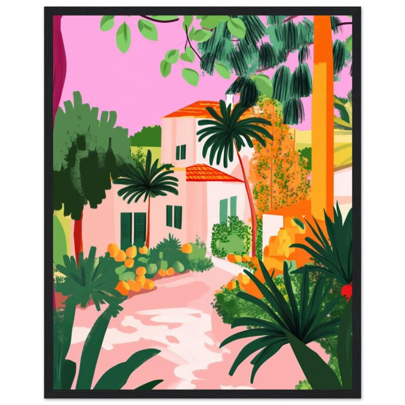 Paisaje pintado en estilo vibrante, con casas blancas, palmeras y vegetación colorida en tonos cálidos.