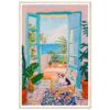 Ventana abierta con vista al mar decorada con plantas en interior y exterior, estilo pintura artística, inspiración mediterránea, belleza y tranquilidad.
