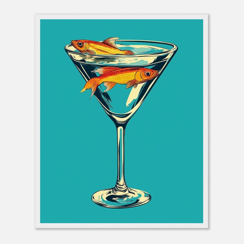 Pez en copa de cóctel, ilustración digital de arte moderno, diseño colorido, arte para decoración, pez de agua en cristal.