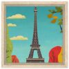 Torre Eiffel en arte digital, ilustración moderna de París con árboles de otoño y cielo azul.