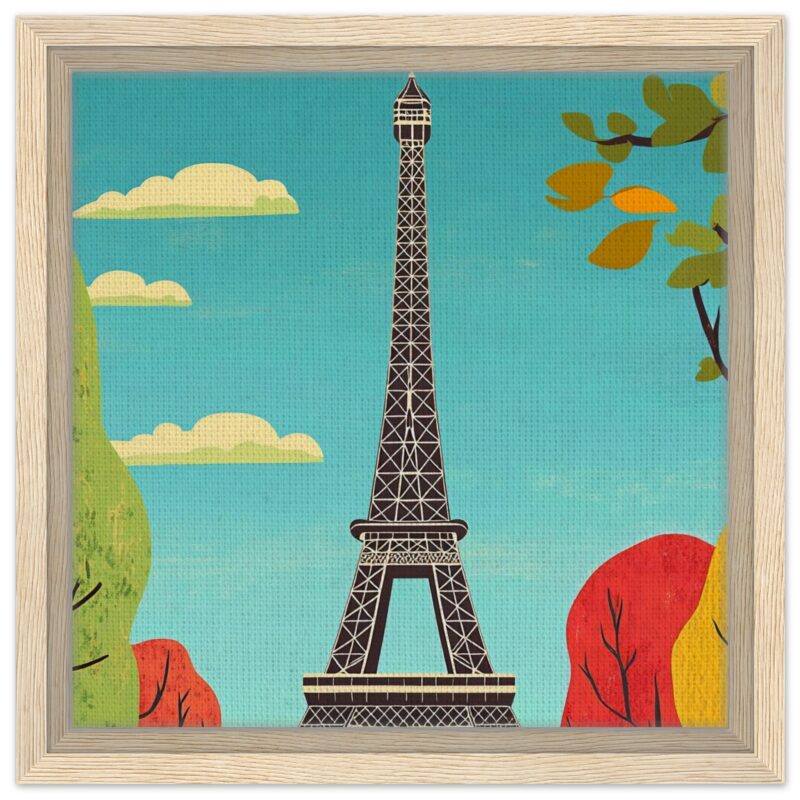 Torre Eiffel en arte digital, ilustración moderna de París con árboles de otoño y cielo azul.