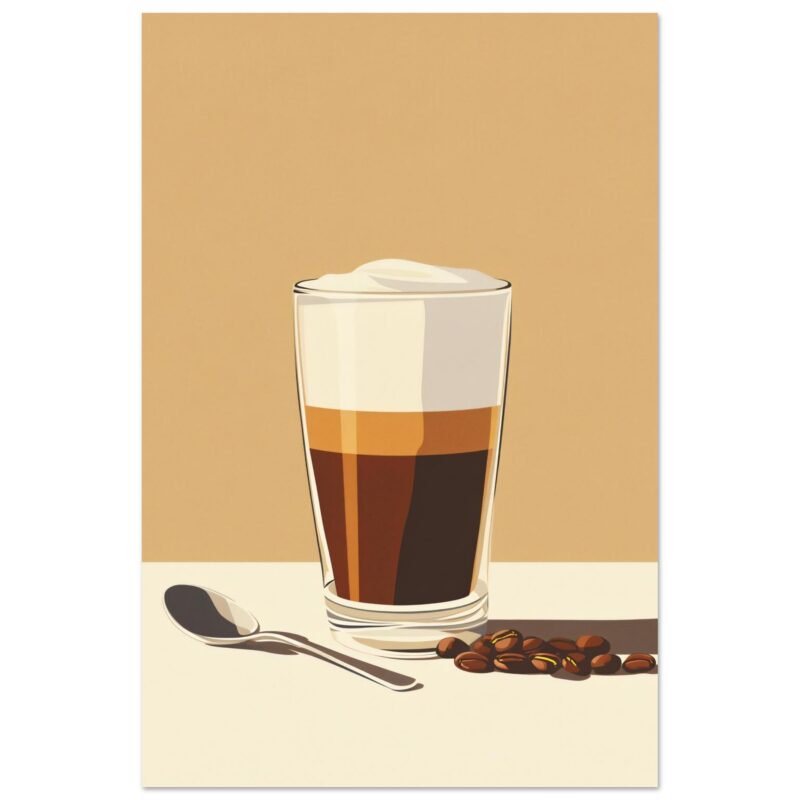 Atractivo digital de un café helado con crema en vaso transparente, acompañado de granos de café y cuchara, ideal para la publicidad de cafeterías y bebidas.