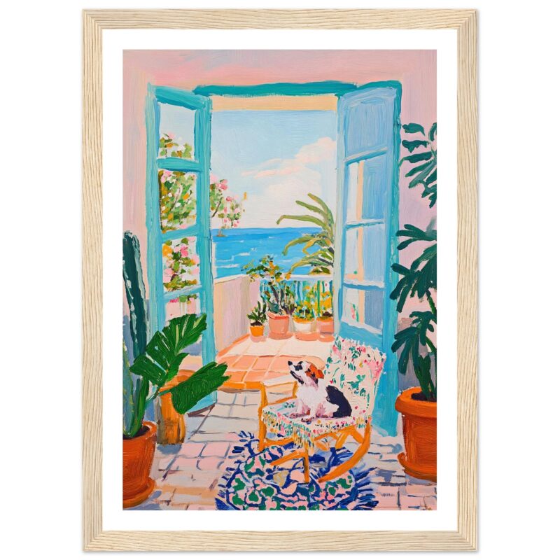 Puerta correcta al mar con plantas y perro en sillón.