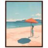 Sombrilla y mujer en playa, ilustración moderna de arte digital, paisaje costero y relajación, diseños para wall art y decoraciones de hogar.
