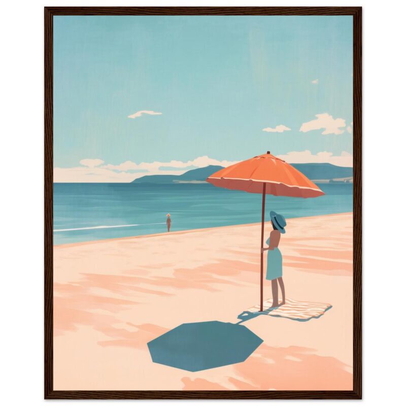 Sombrilla y mujer en playa, ilustración moderna de arte digital, paisaje costero y relajación, diseños para wall art y decoraciones de hogar.