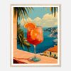 Refresco de verano con vista al mar y paisaje mediterráneo en un cuadro decorativo.