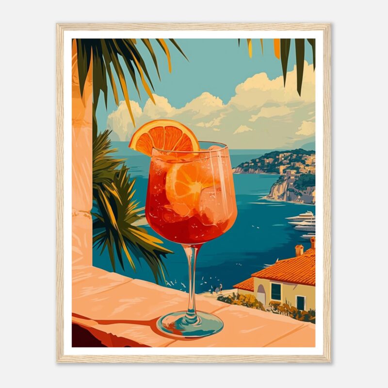 Refresco de verano con vista al mar y paisaje mediterráneo en un cuadro decorativo.