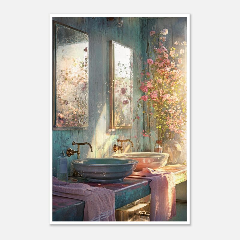 Lavabo y espejo en estilo vintage con luz natural y flores en una decoración acogedora.