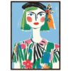 Retrato en estilo abstracto de mujer con cabello verde y accesorios florales, arte digital vibrante y colorido.