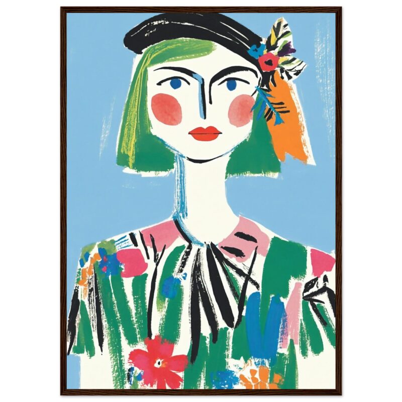 Retrato en estilo abstracto de mujer con cabello verde y accesorios florales, arte digital vibrante y colorido.