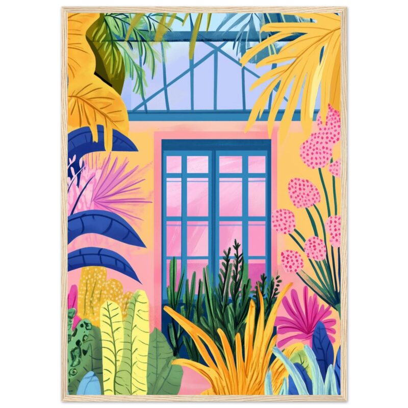 Ventana azul con marco en una pared de casa rodeada de plantas tropicales en colores vibrantes.
