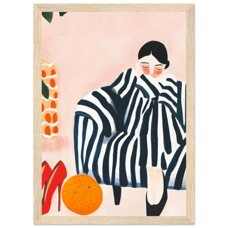 En la imagen se ve una ilustración artística de una mujer con un vestido a rayas, rodeada de objetos coloridos, en estilo moderno y decorativo.