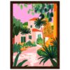 Casa de estilo mediterráneo rodeada de palmeras y vegetación colorida en un dibujo digital vibrante.