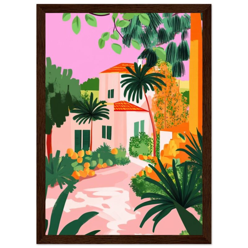 Casa de estilo mediterráneo rodeada de palmeras y vegetación colorida en un dibujo digital vibrante.