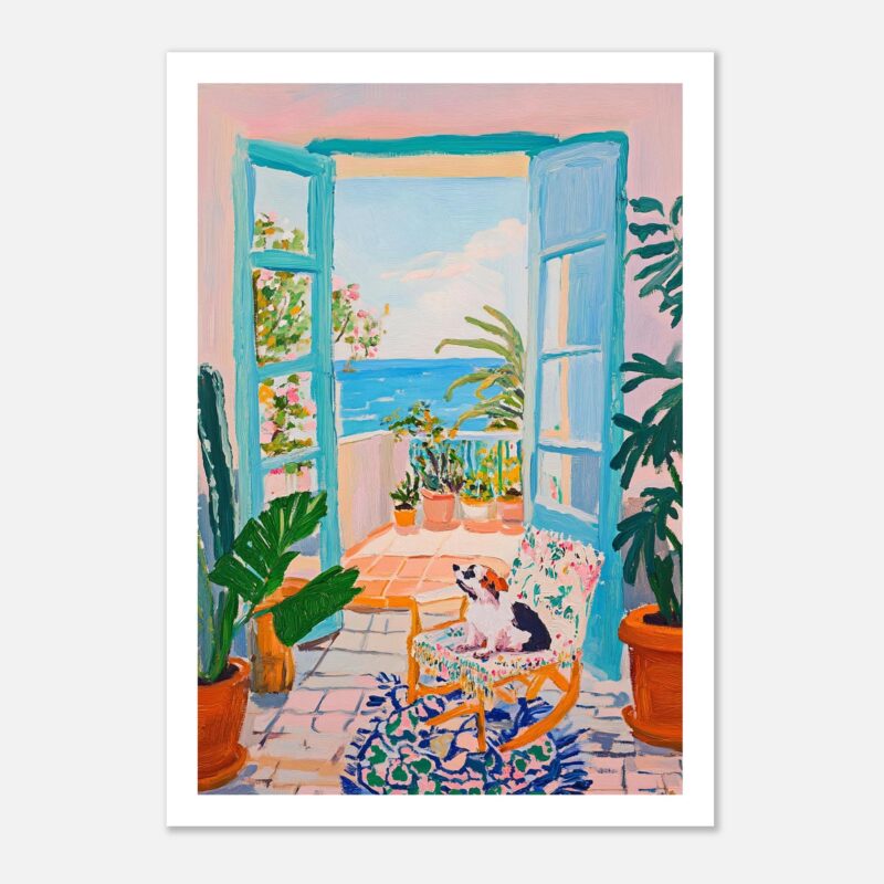 Puerta de balcón con vista al mar y plantas en macetas, estilo pintura colorida y luminosa.