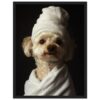 Perro con toalla y ducha, fotografía de mascotas, retrato de animales domesticados.
