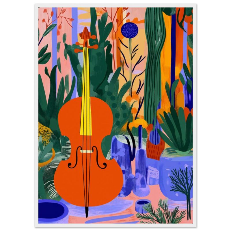 Guitarra clásica en un entorno de plantas abstractas de colores vivos.