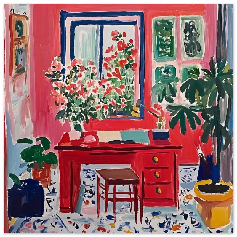 Colores vivos, estilo pintura expresionista, escena de interior con plantas y muebles coloridos, obra artística de Digiart Studio.
