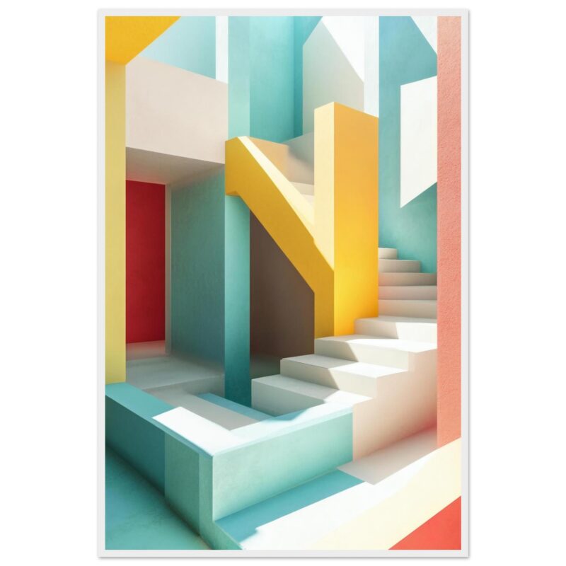 Puente y escaleras en un diseño arquitectónico colorido, moderno y minimalista.