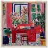 Colorida pintura de interiores con plantas y muebles en tonos vibrantes.