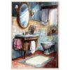 Cómodo baño en estilo clásico con detalles artísticos y mimbre. Ideal para decoraciones elegantes y acogedoras en hogares y hoteles.