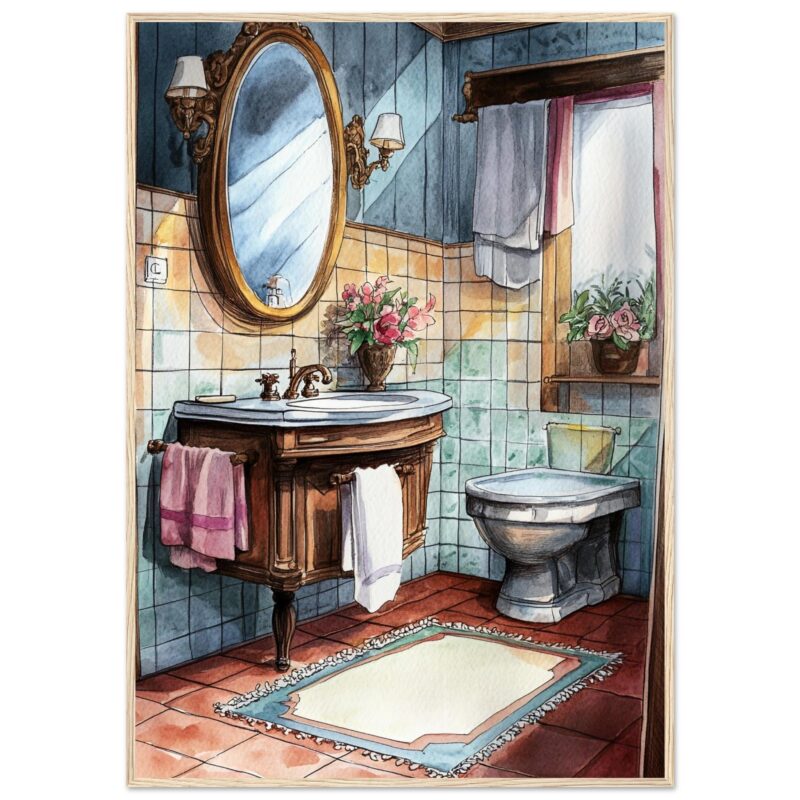Cómodo baño en estilo clásico con detalles artísticos y mimbre. Ideal para decoraciones elegantes y acogedoras en hogares y hoteles.