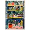 Fondo de colores vibrantes con repisa de libros y plantas en estilo pintura acrílica.
